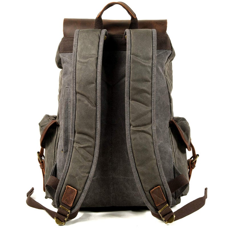 WUDON Leather Backpack for Men, Waxed Canvas Shoulder Rucksack Carry-On Travel Backpack (Grey-Oversize, Oversize) - Image 2